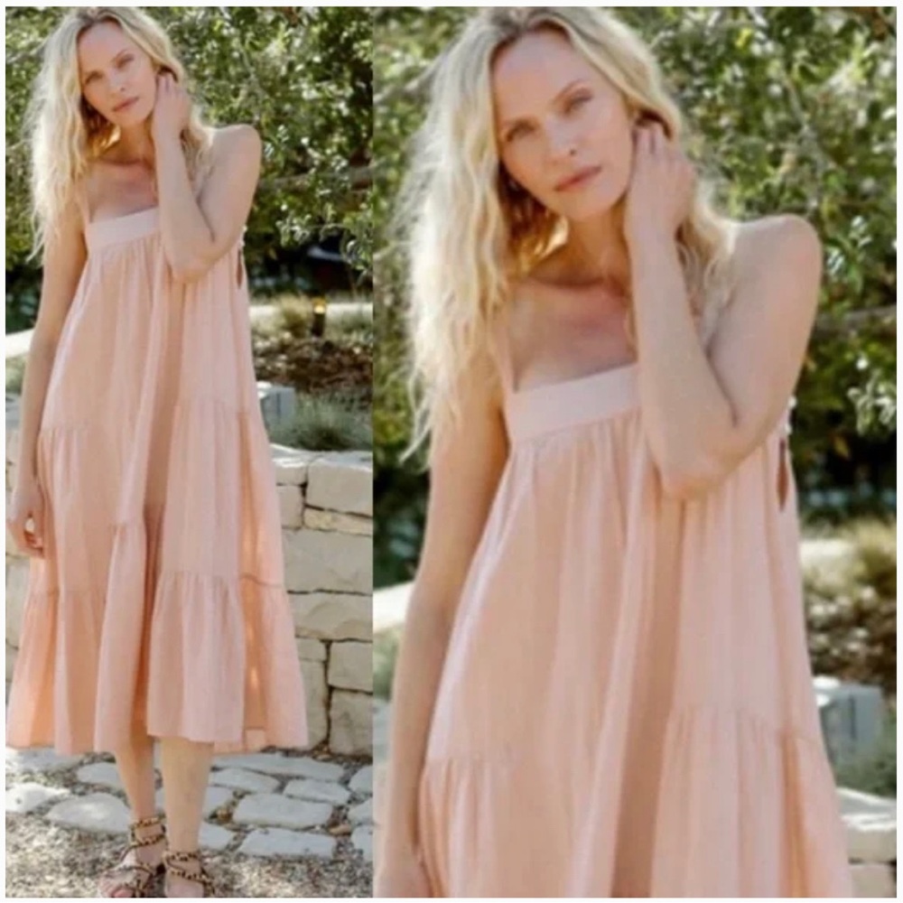 Jenni Kayne Blush Pink Seersucker Cotton Rayon Midi Dress Medium